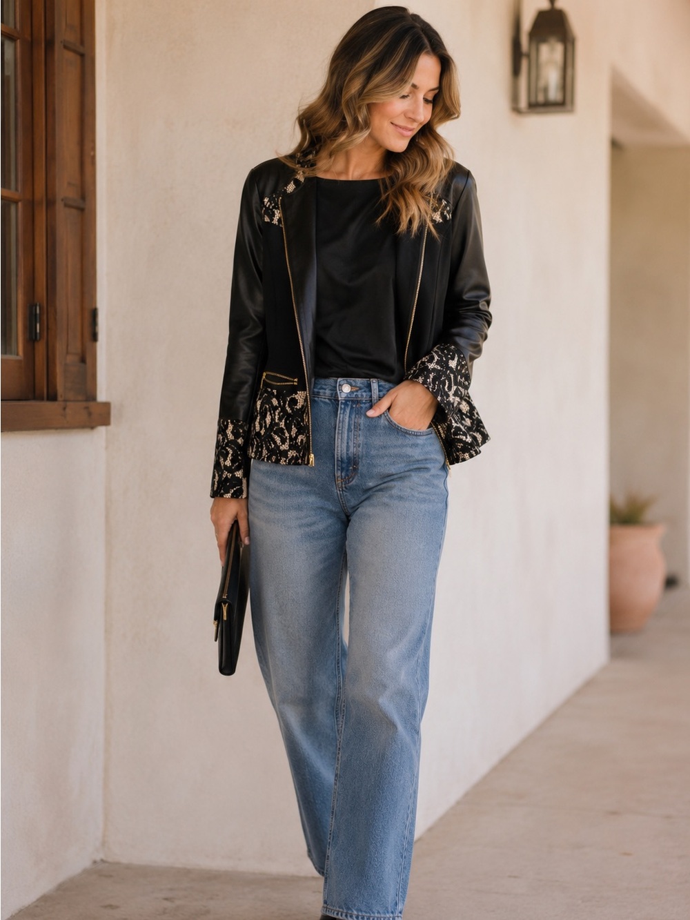 Chico's Black Lace-Trim Moto Jacket with Gold Zippers